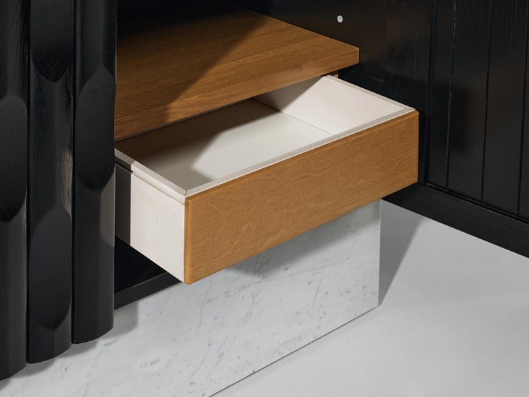 Sophisticated Brutalist Sideboard in Marble and Black Lacquered Oak