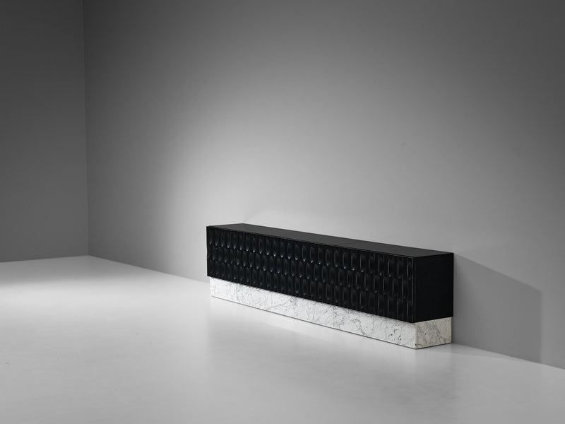 Brutalist Sideboard in Marble and Black Lacquered Oak and Marble