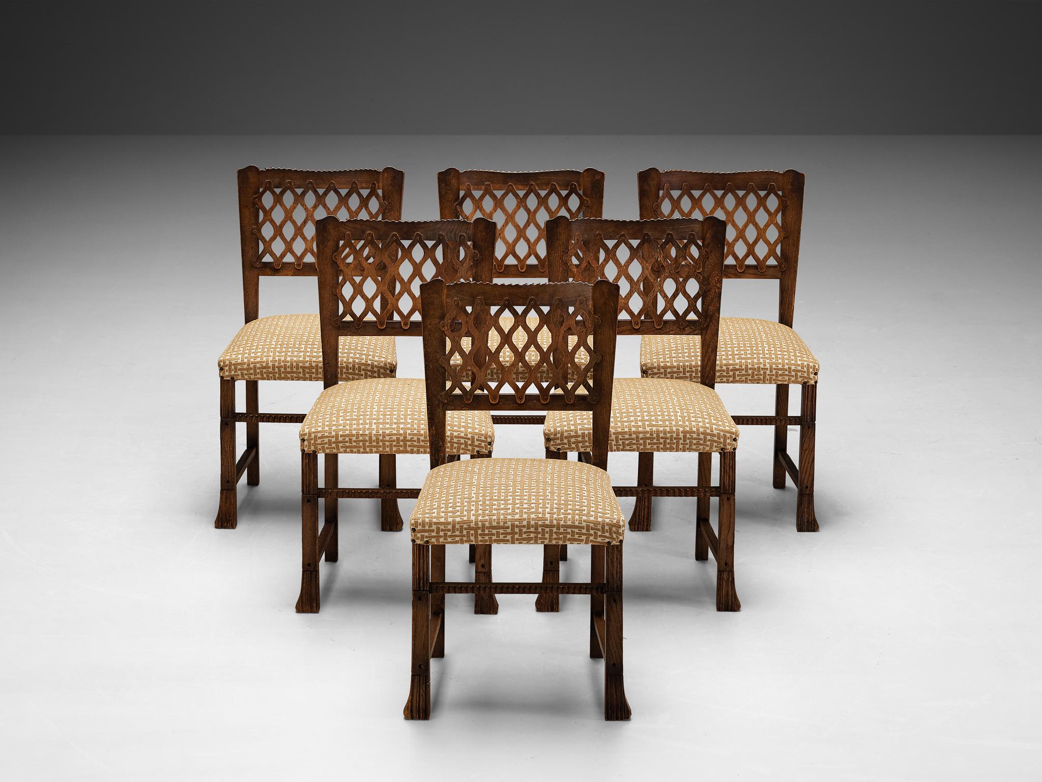 Ernesto Valabrega Set of Six Dining Chairs in Chestnut and Patterned Fabric