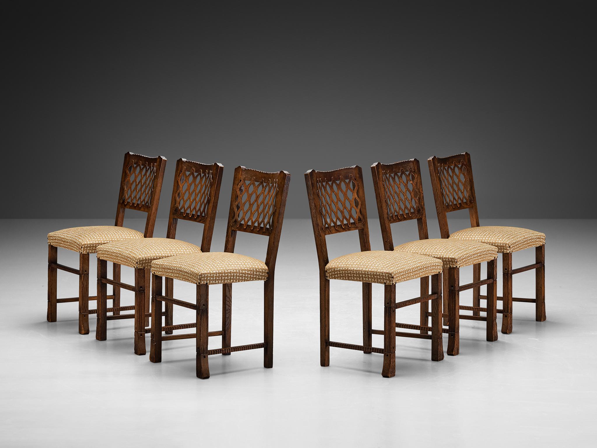Ernesto Valabrega Set of Six Dining Chairs in Chestnut and Patterned Fabric