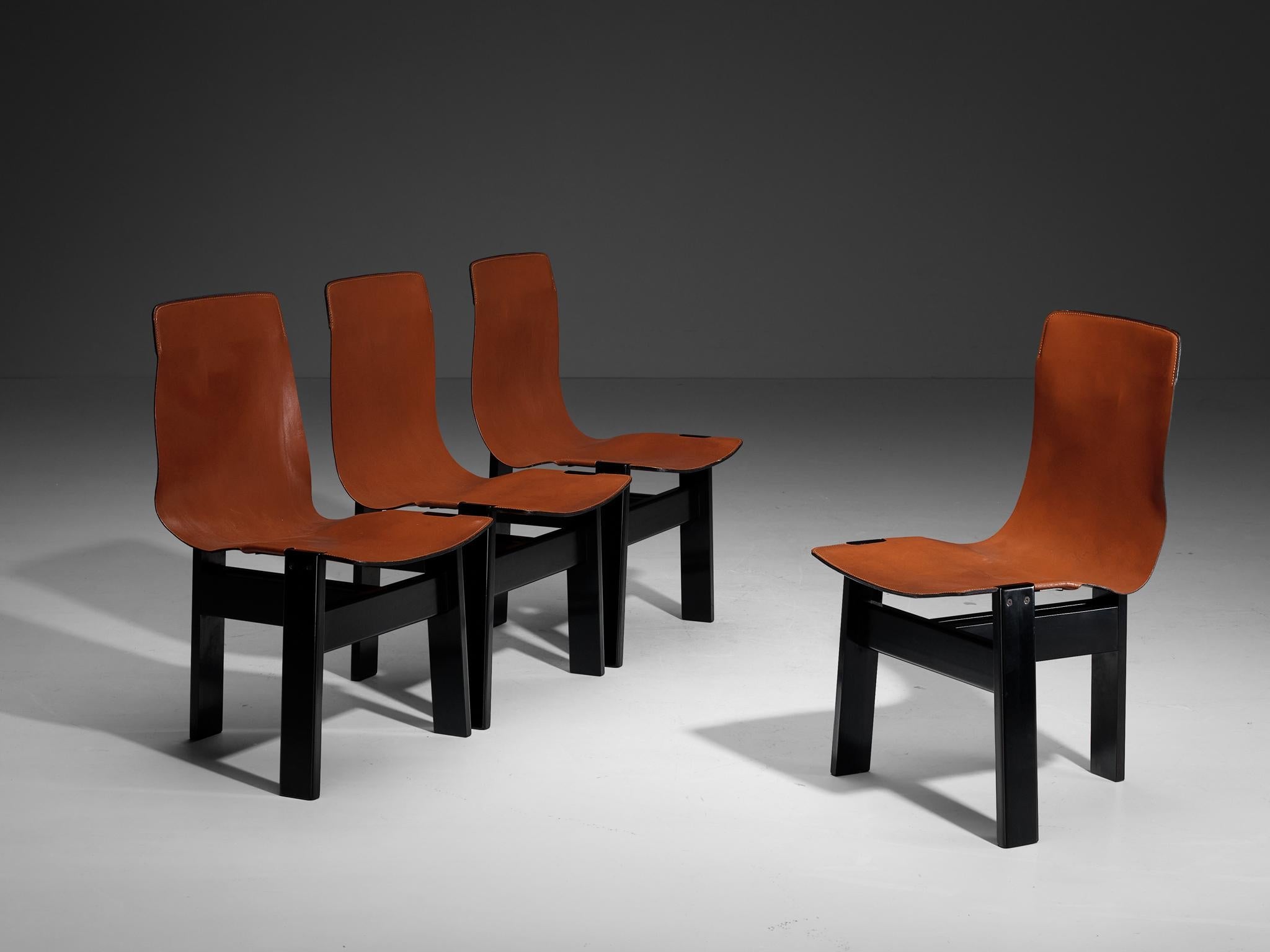Angelo Mangiarotti for Skipper Set of Four 'Tre 3' Dining Chairs in Leather