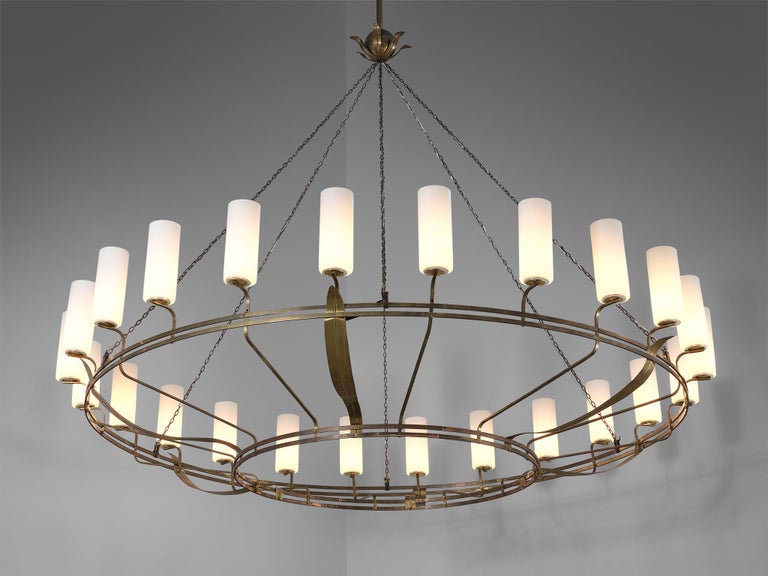 Large Chandelier with Decorative Elements in Brass and Opaline Glass