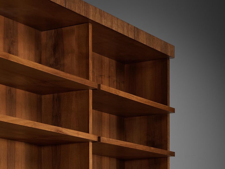 Large Italian Bookcase in Walnut, Cherry, and Grasscloth