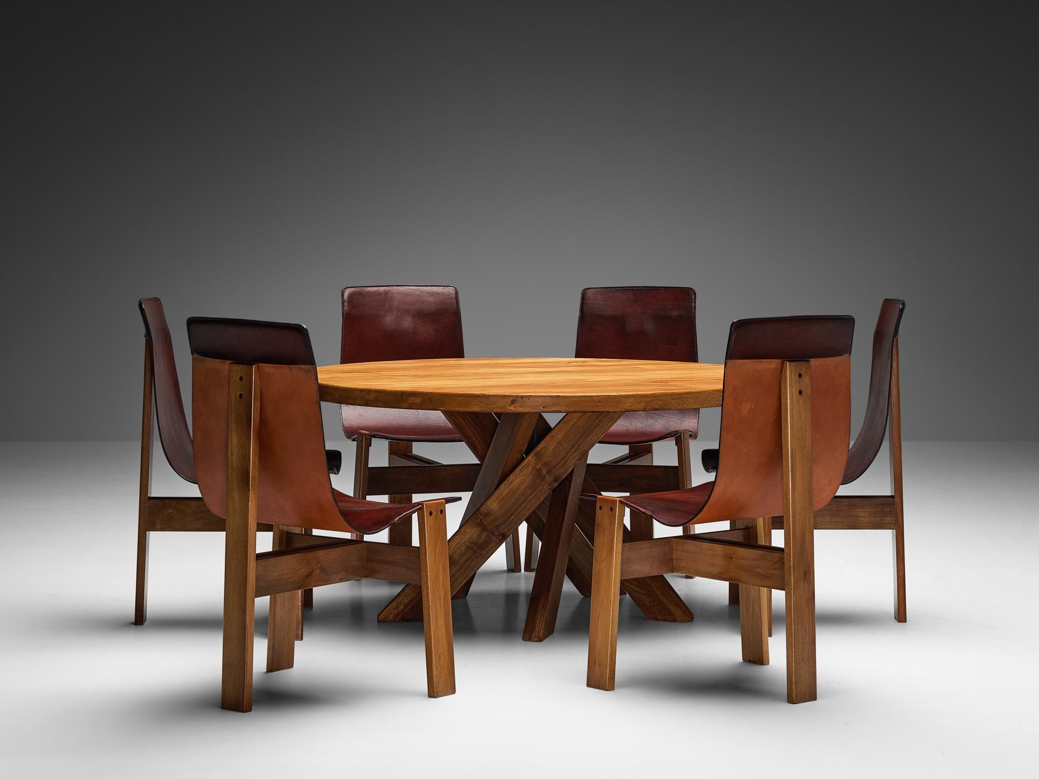 Pierre Chapo 'T21D' Dining Table & Angelo Mangiarotti Set of 'Tre 3' Chairs