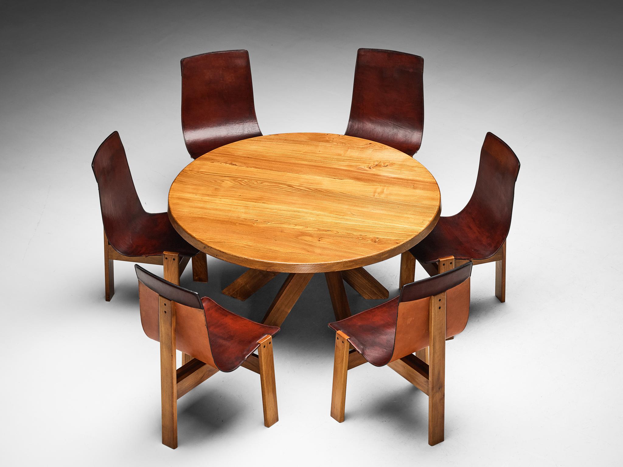 Pierre Chapo 'T21D' Dining Table & Angelo Mangiarotti Set of 'Tre 3' Chairs
