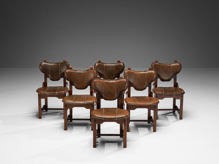 Brutalist Set of Six Dining Chairs in Oak and Brown Leather