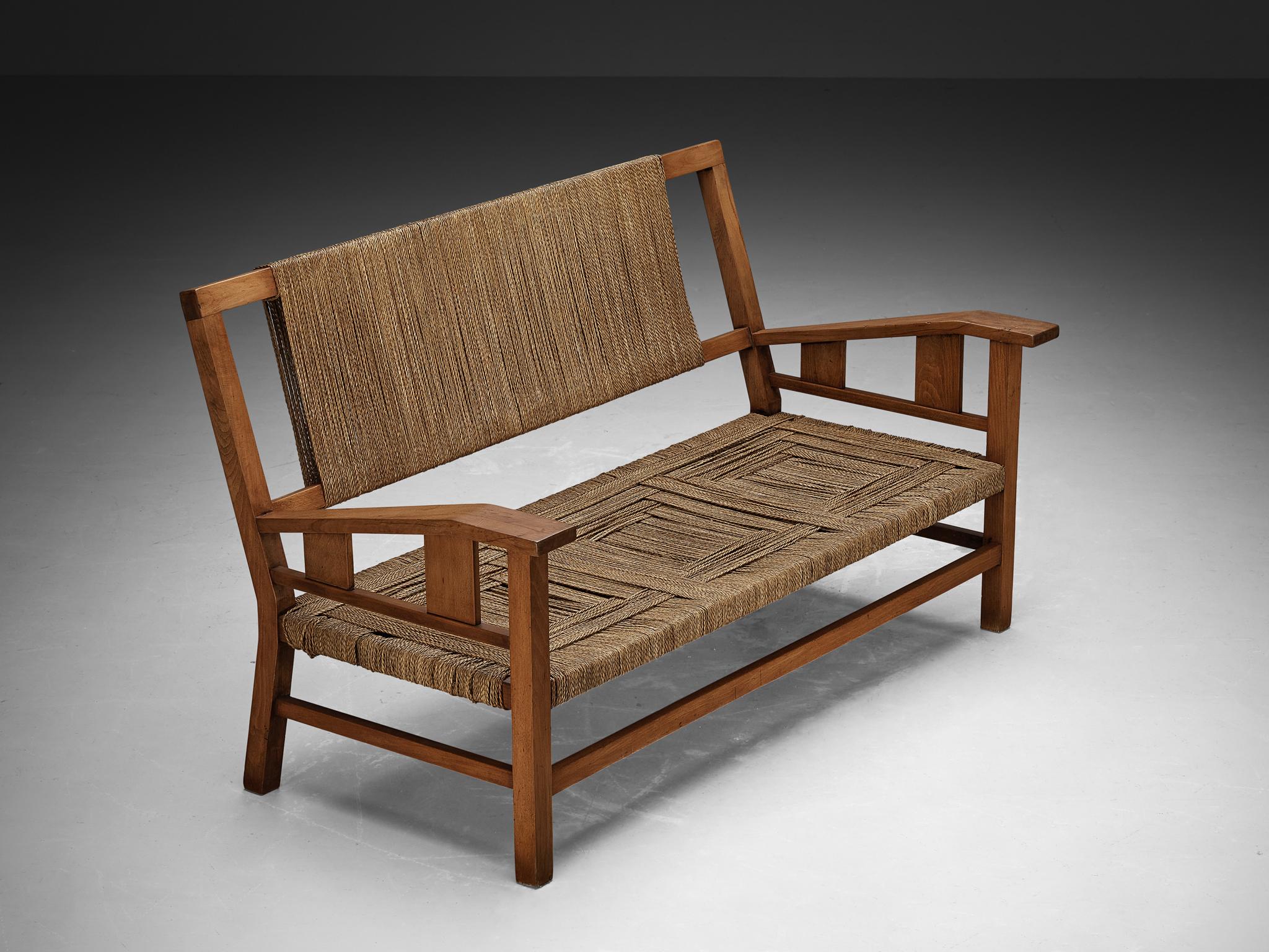 Francis Jourdain Sofa or Bench in Woven Straw and Wood