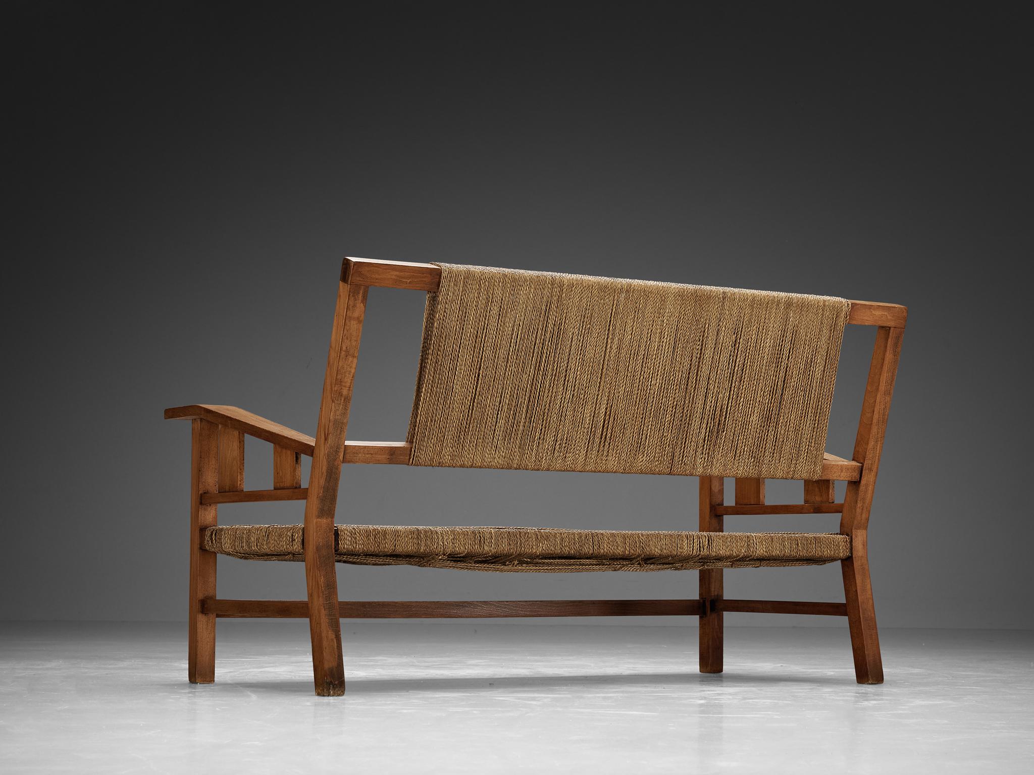 Francis Jourdain Sofa or Bench in Woven Straw and Wood
