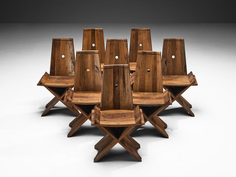 Sculptural Set of Eight Dining Chairs in Oak with Iron Accents