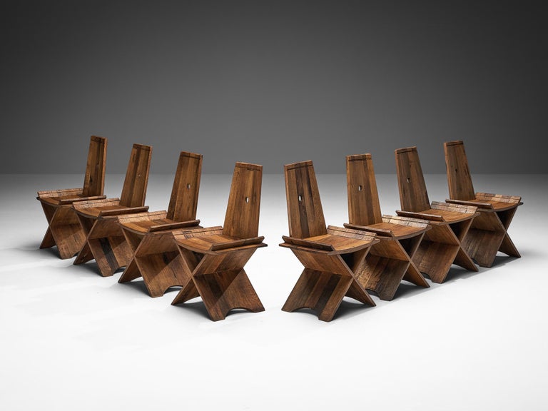 Sculptural Set of Eight Dining Chairs in Oak with Iron Accents
