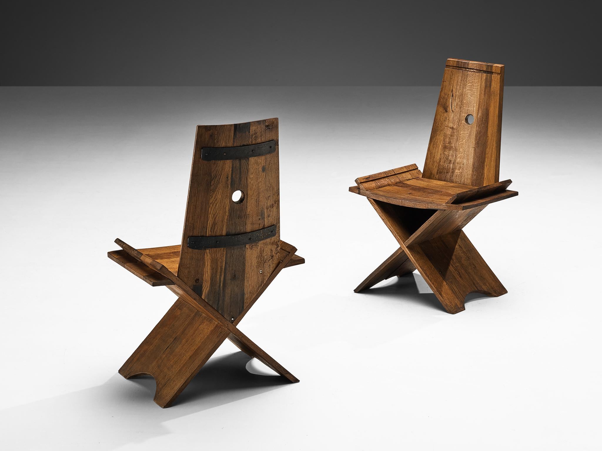 Sculptural Pair of Dining Chairs in Oak with Iron Accents
