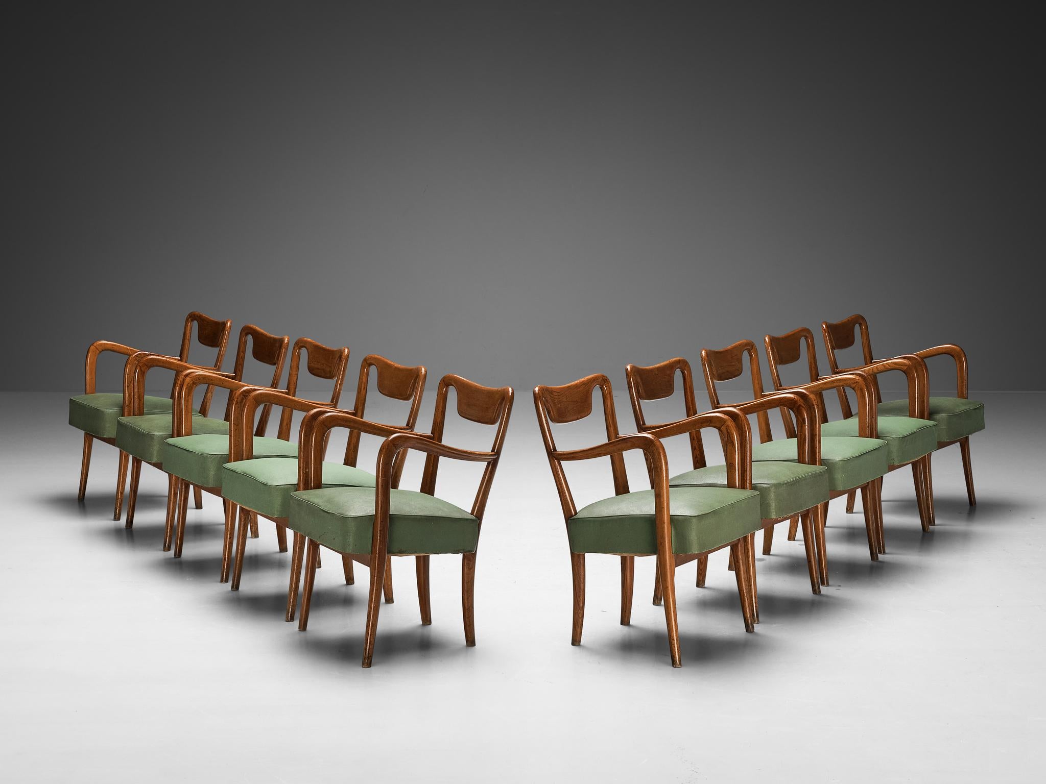 Italian Set of Ten Dining Chairs in Teak and Green Upholstery
