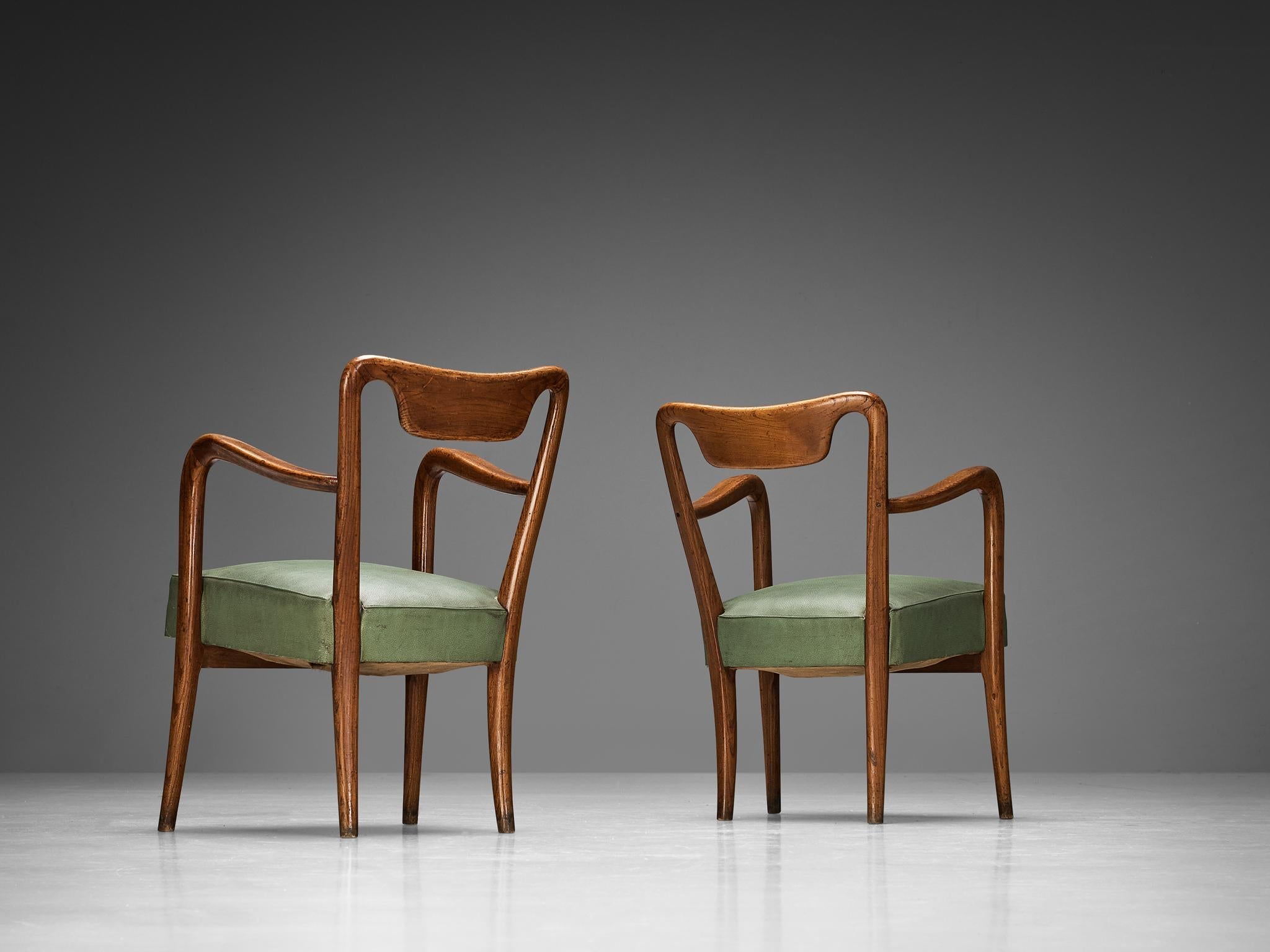 Italian Set of Ten Dining Chairs in Teak and Green Upholstery