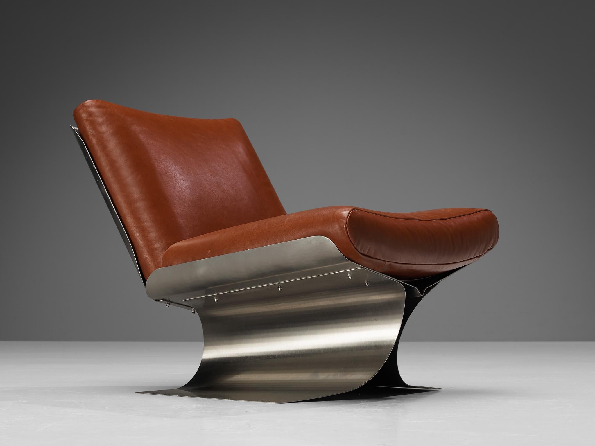 Rare Xavier Féal Lounge Chair in Brushed Steel and Cognac Leather