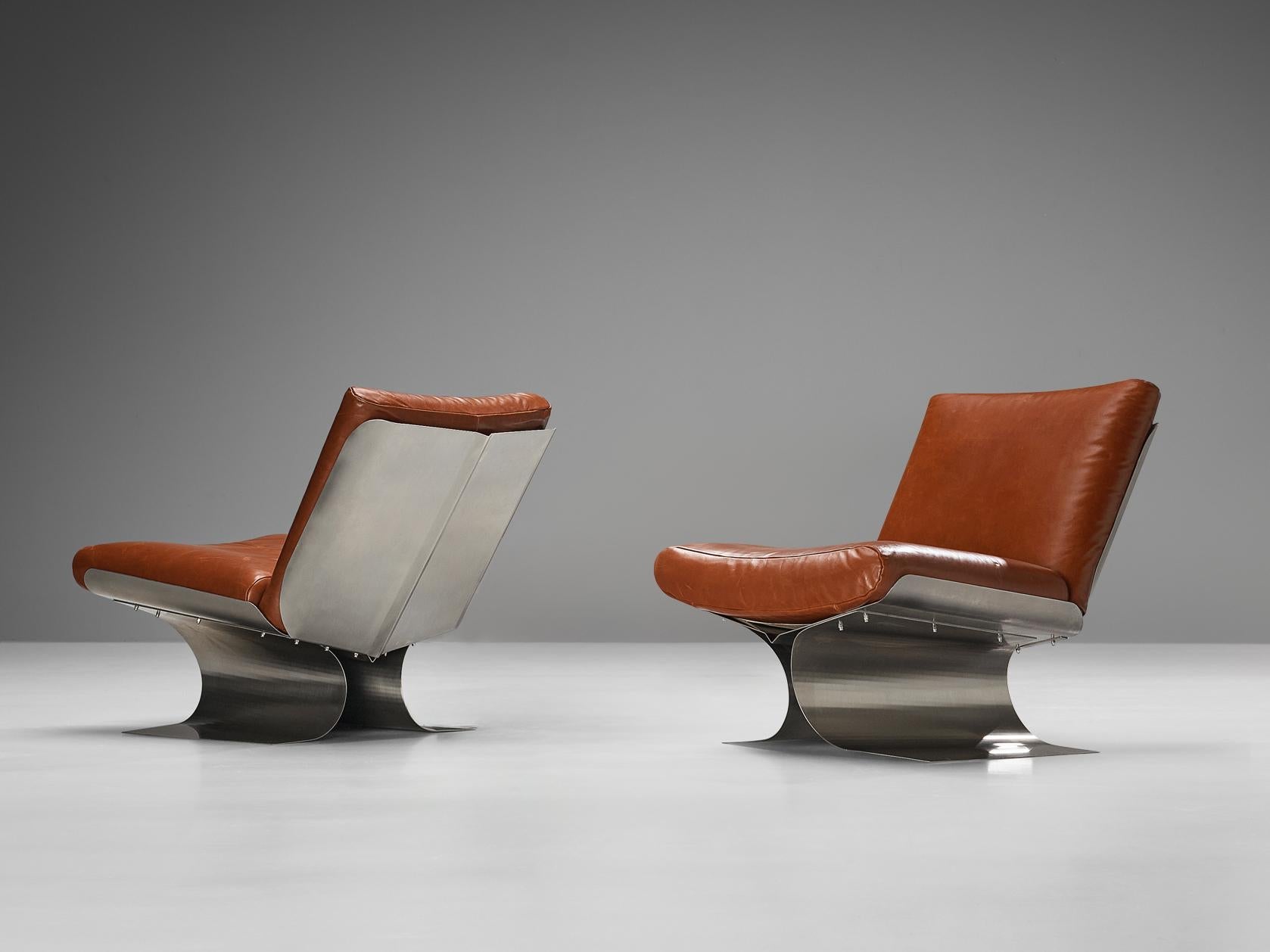 Rare Xavier Féal Lounge Chairs in Brushed Steel and Cognac Leather