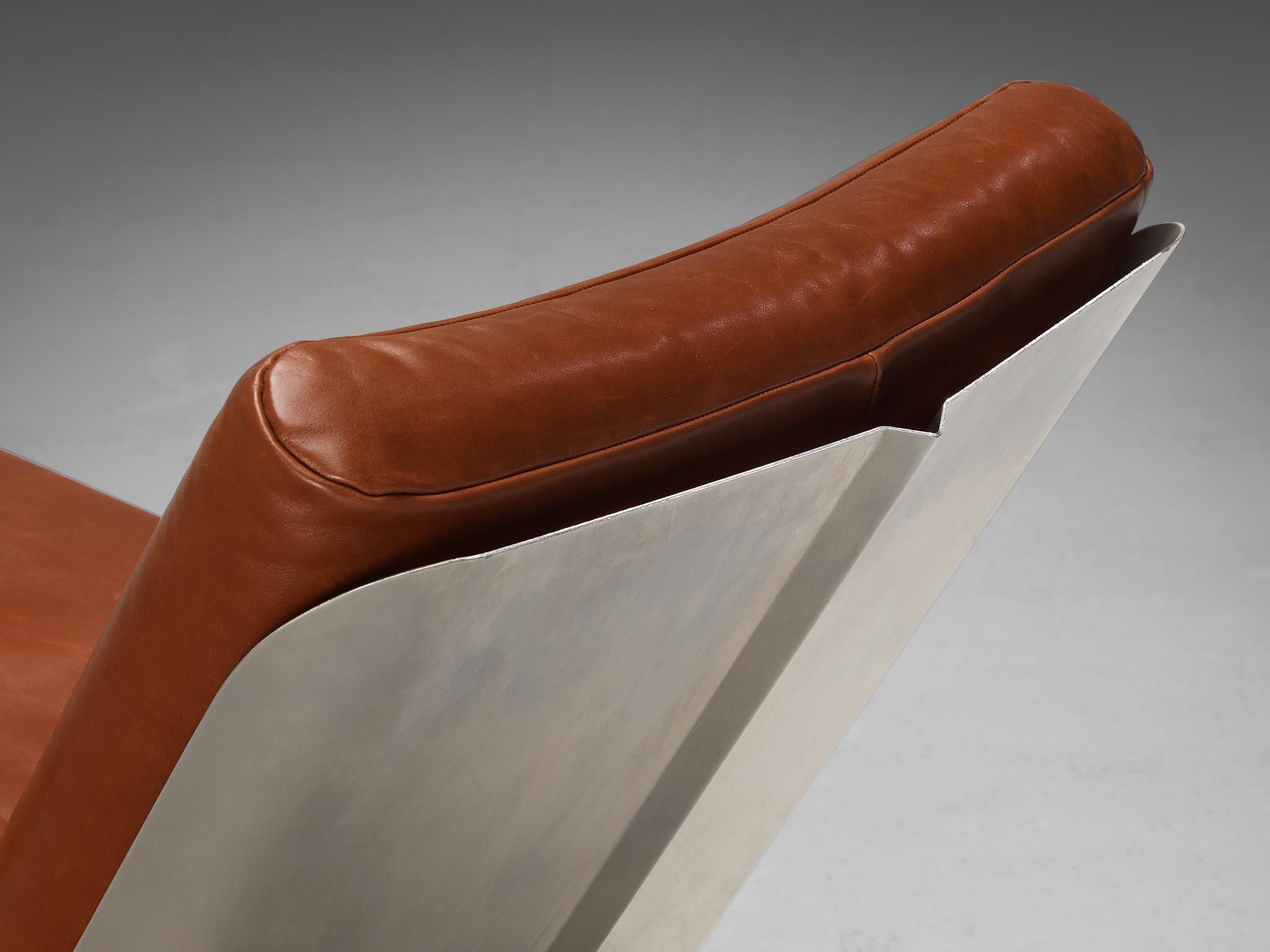 Rare Xavier Féal Lounge Chair in Brushed Steel and Cognac Leather