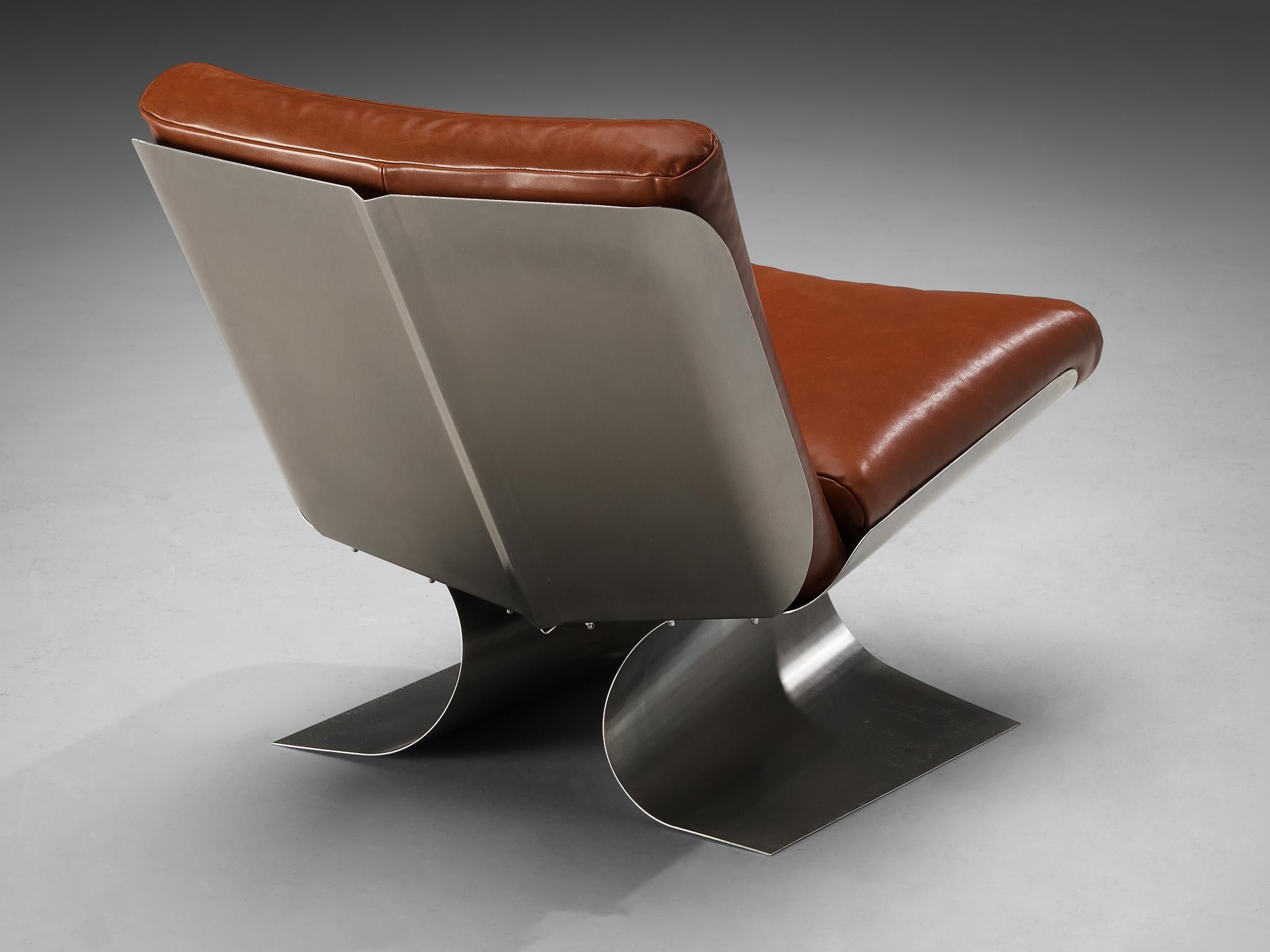 Rare Xavier Féal Lounge Chairs in Brushed Steel and Cognac Leather