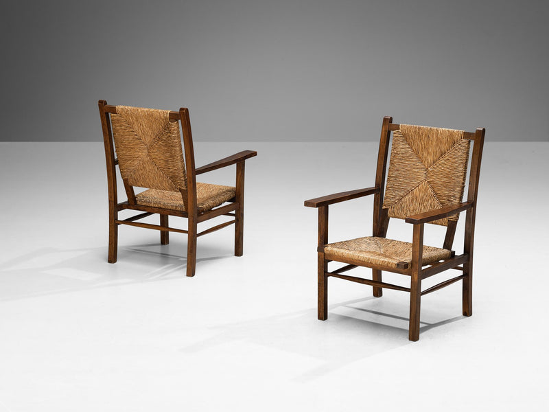 Spanish Pair of Armchairs in Pine and Woven Straw