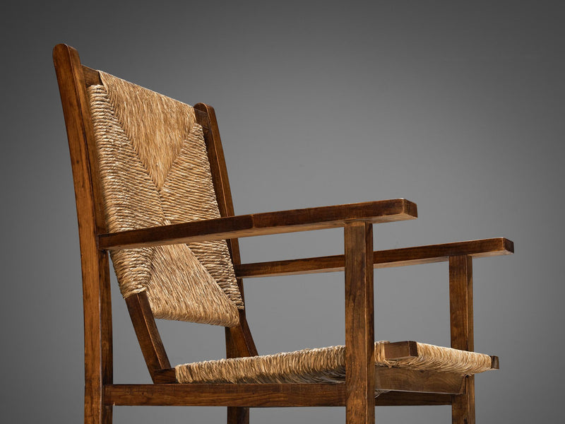 Spanish Pair of Armchairs in Pine and Woven Straw