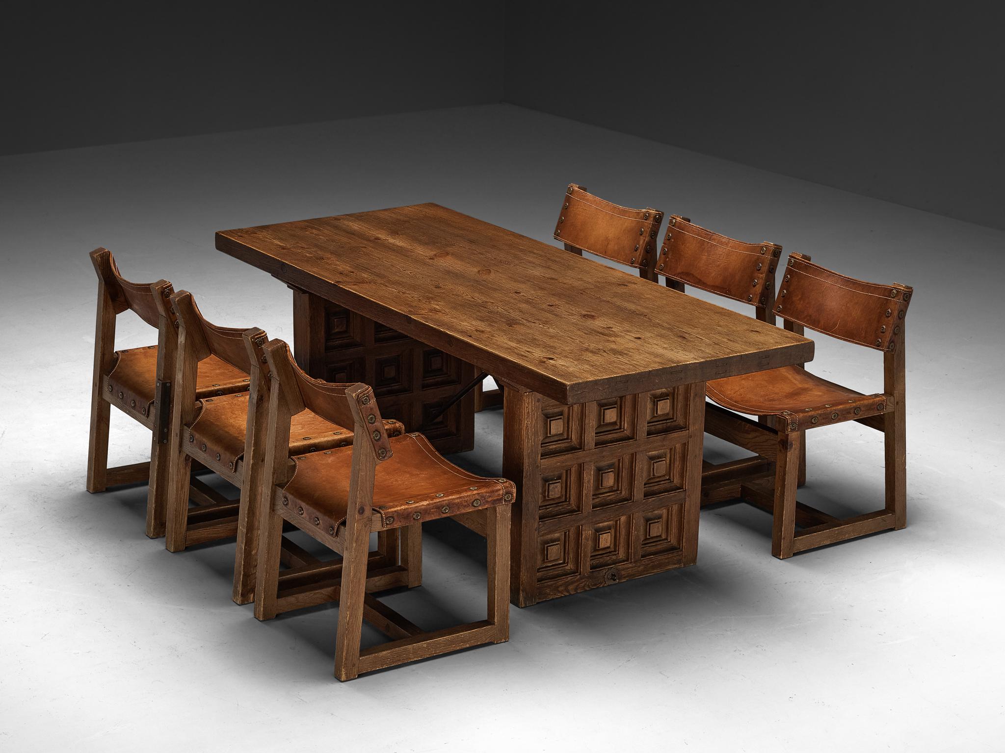 Biosca Spanish Set of Dining Table & Six Dining Chairs in Pine and Leather