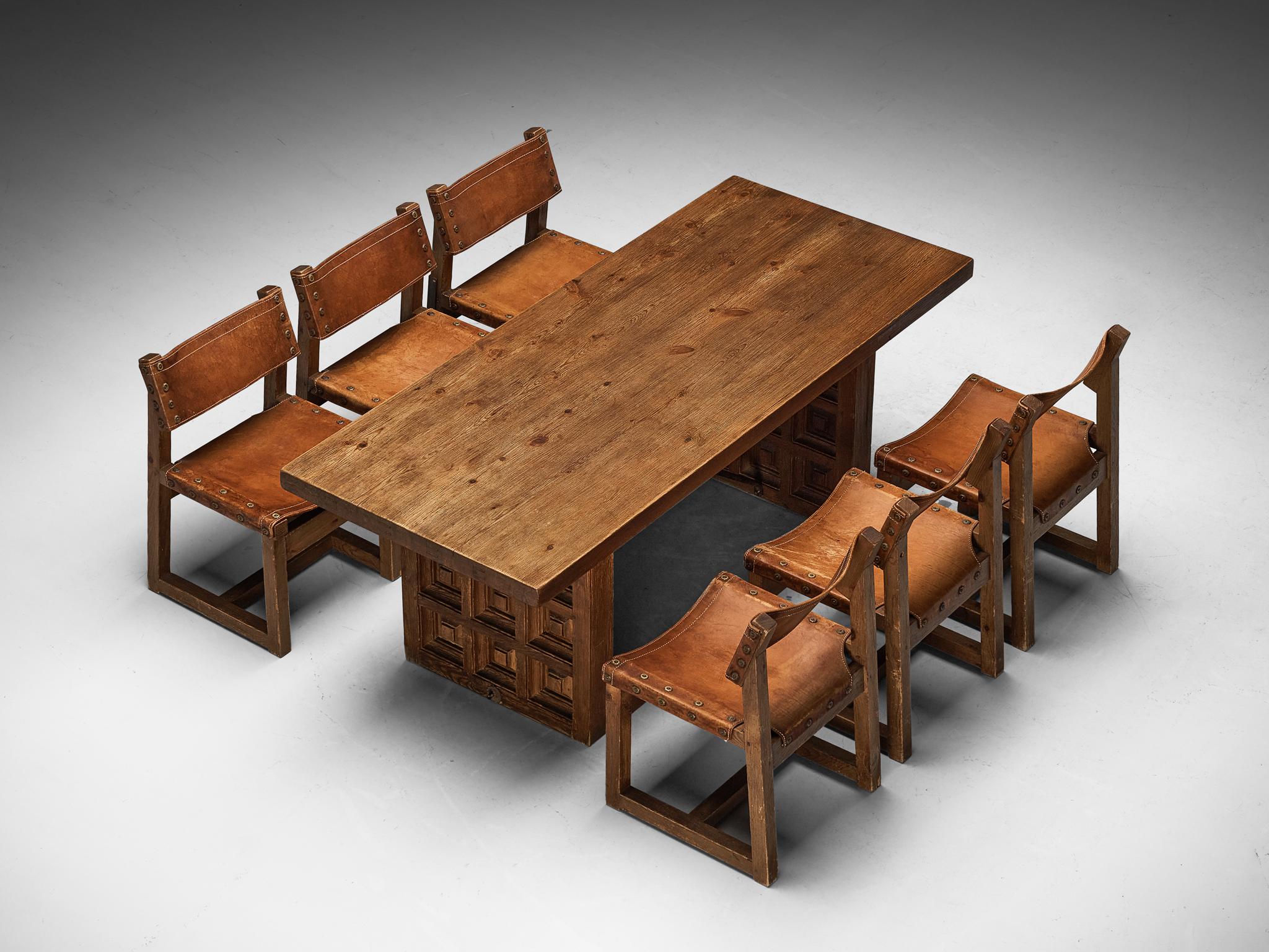 Biosca Spanish Set of Dining Table & Six Dining Chairs in Pine and Leather