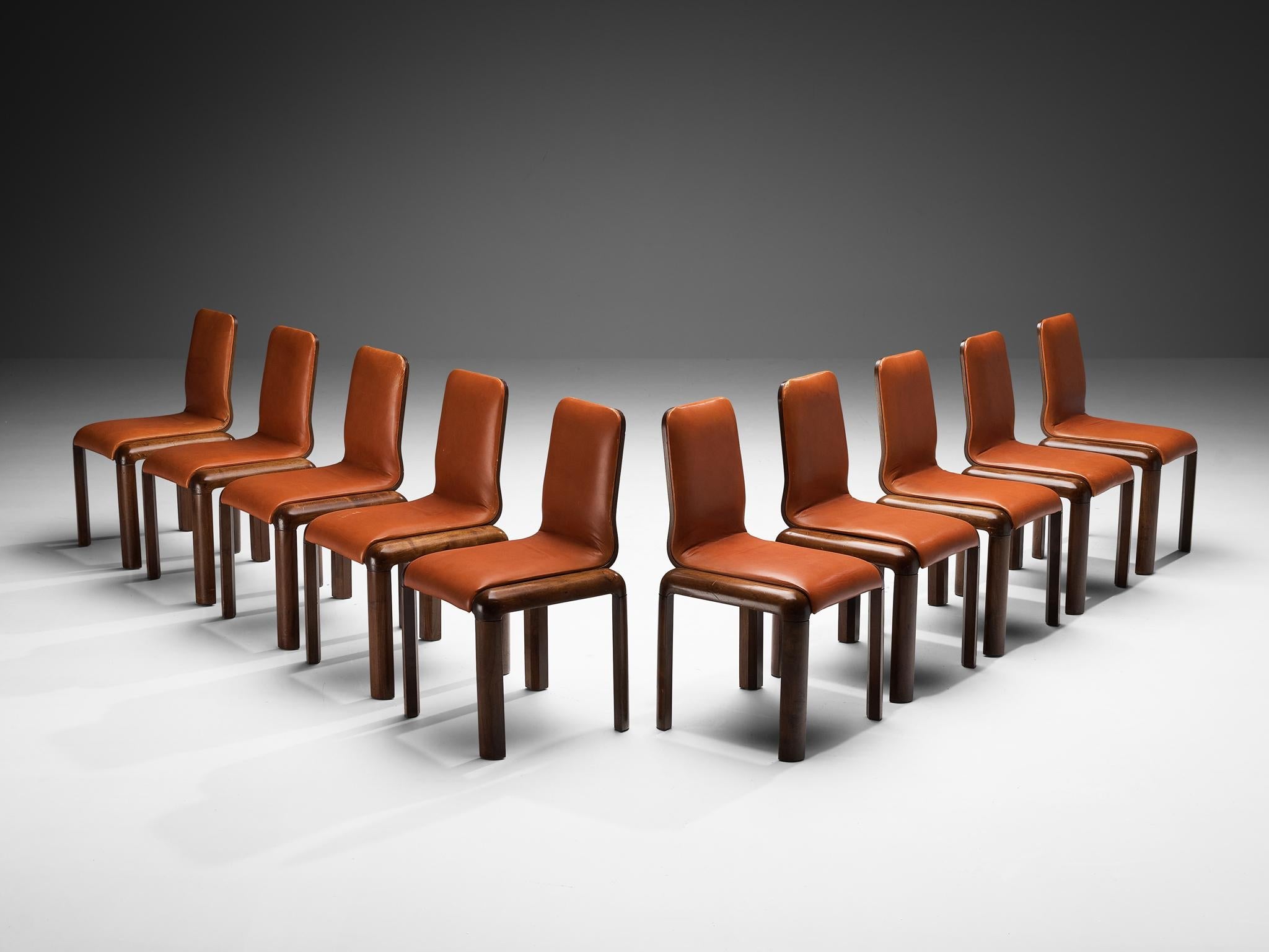 Italian Set of Ten Dining Chairs in Walnut and Cognac Leather