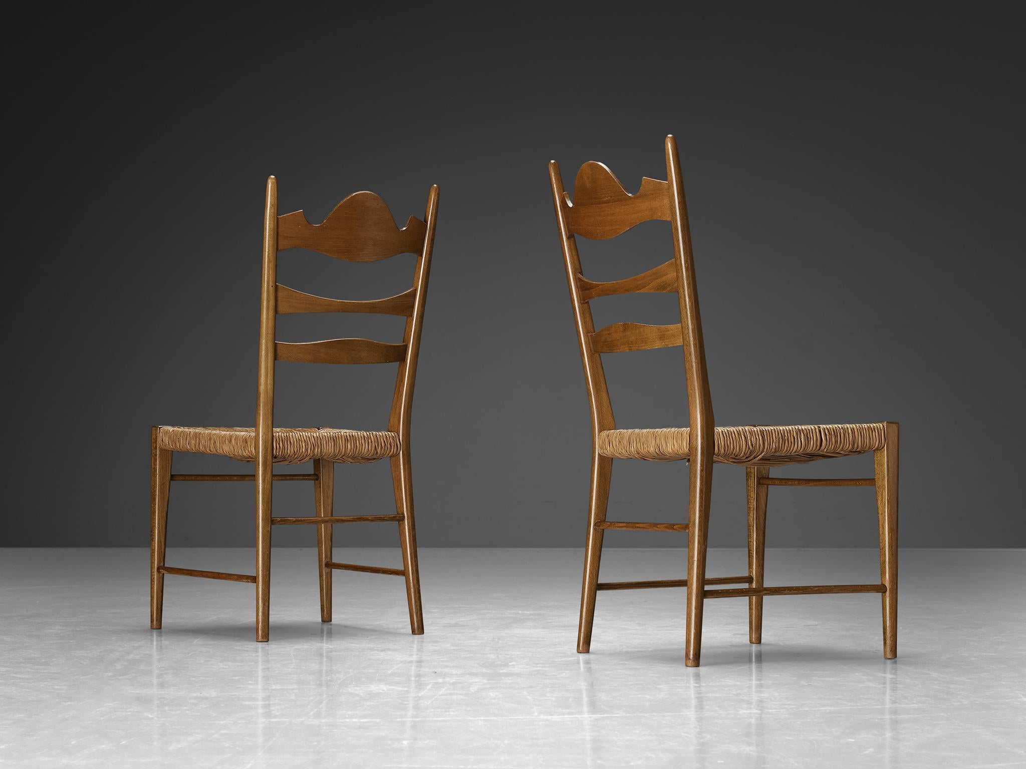Pair of Italian Dining Chairs with Carved Backs and Straw Seats