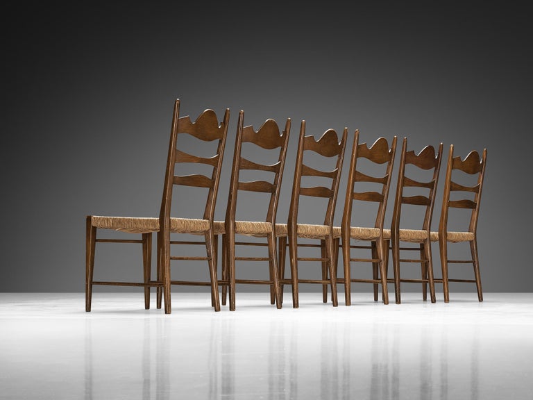Italian Dining Chairs with Carved Backs and Straw Seats