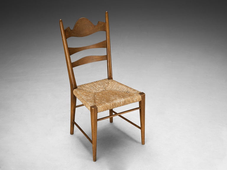 Italian Dining Chairs with Carved Backs and Straw Seats