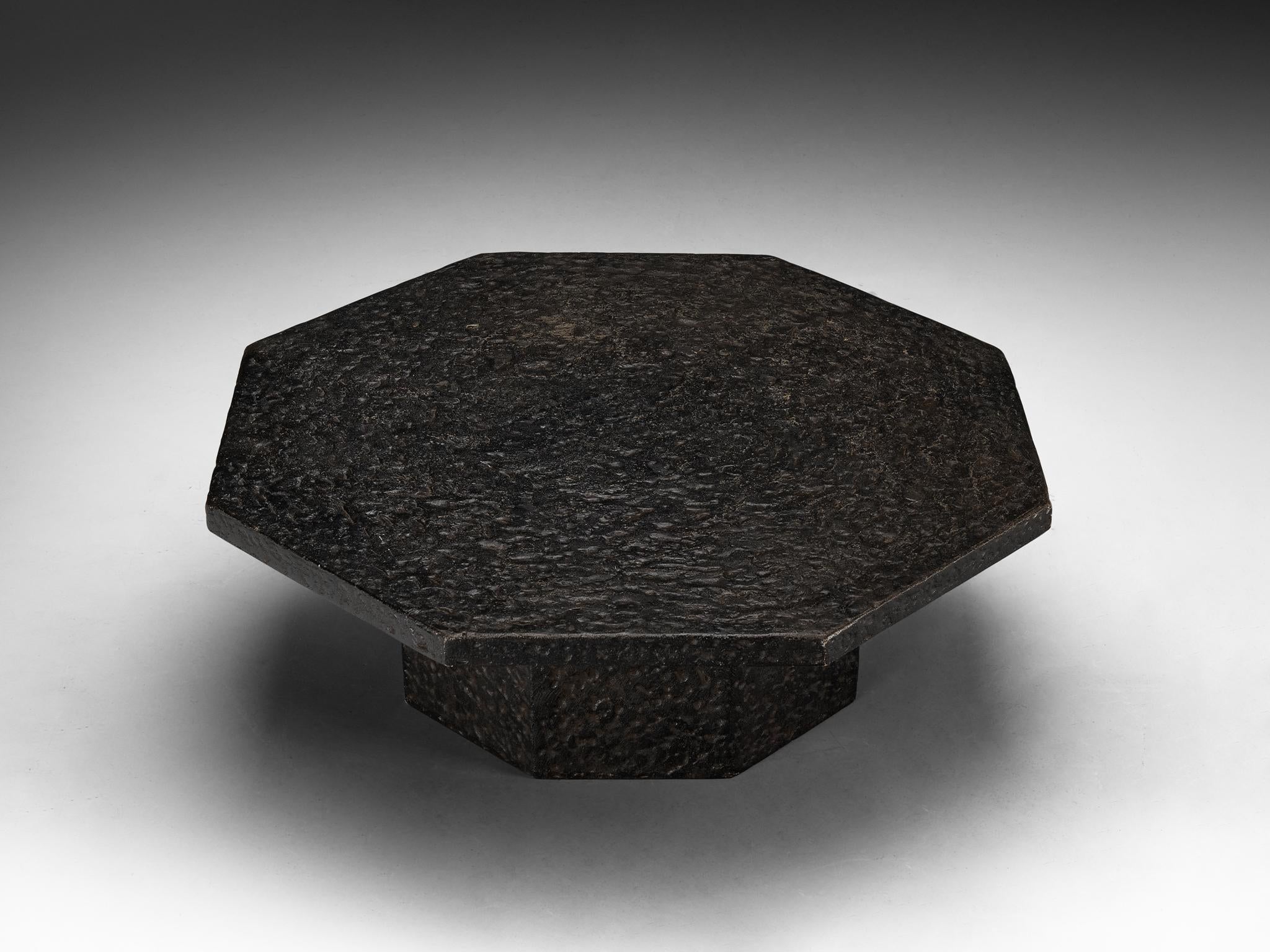 Brutalist Octagonal Coffee Table in Black Stone Look Resin