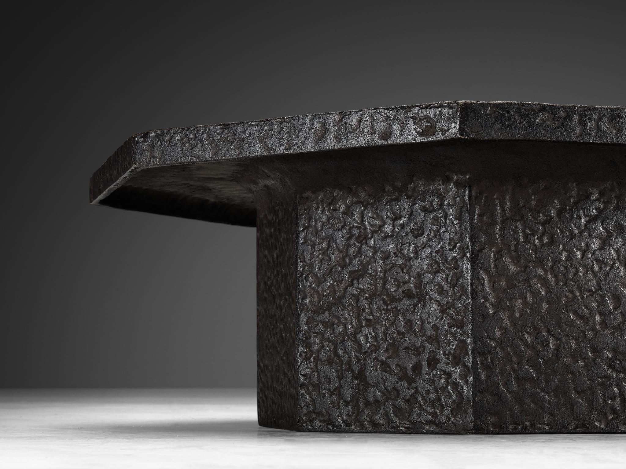 Brutalist Octagonal Coffee Table in Black Stone Look Resin