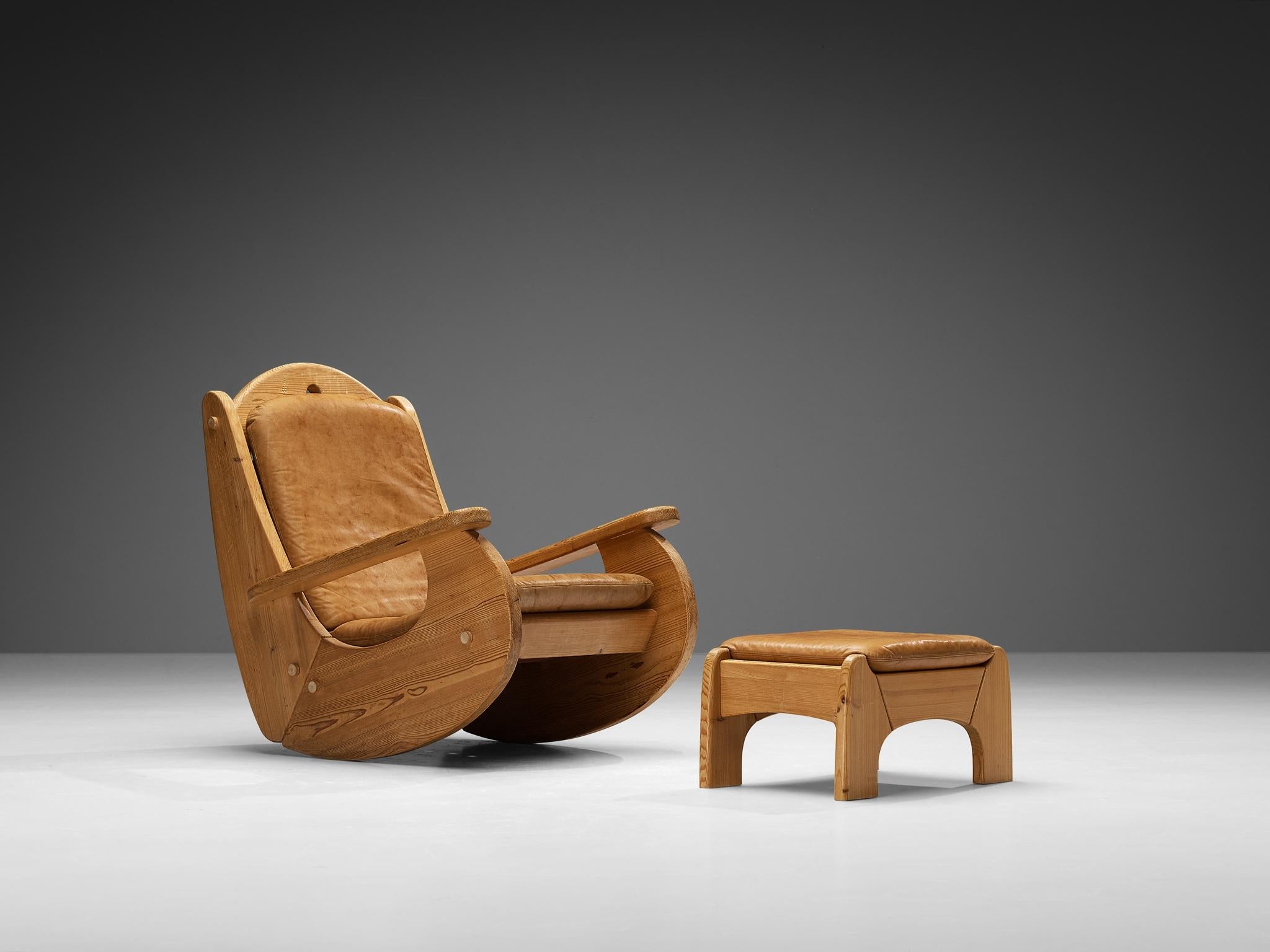 Rocking Chair with Ottoman in Pine and Cognac Leather