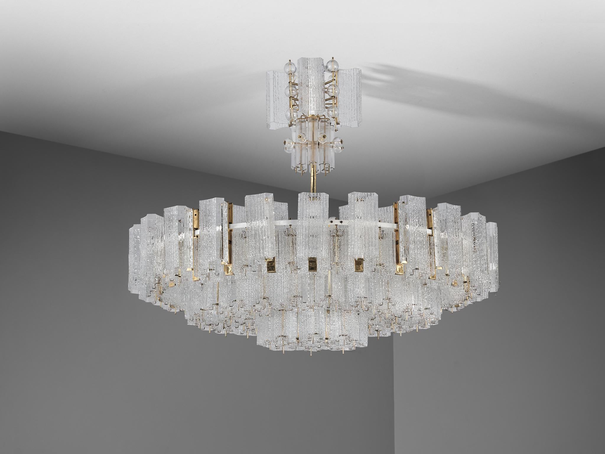 Imposing Chandelier in Textured Glass and Brass 5.7 feet