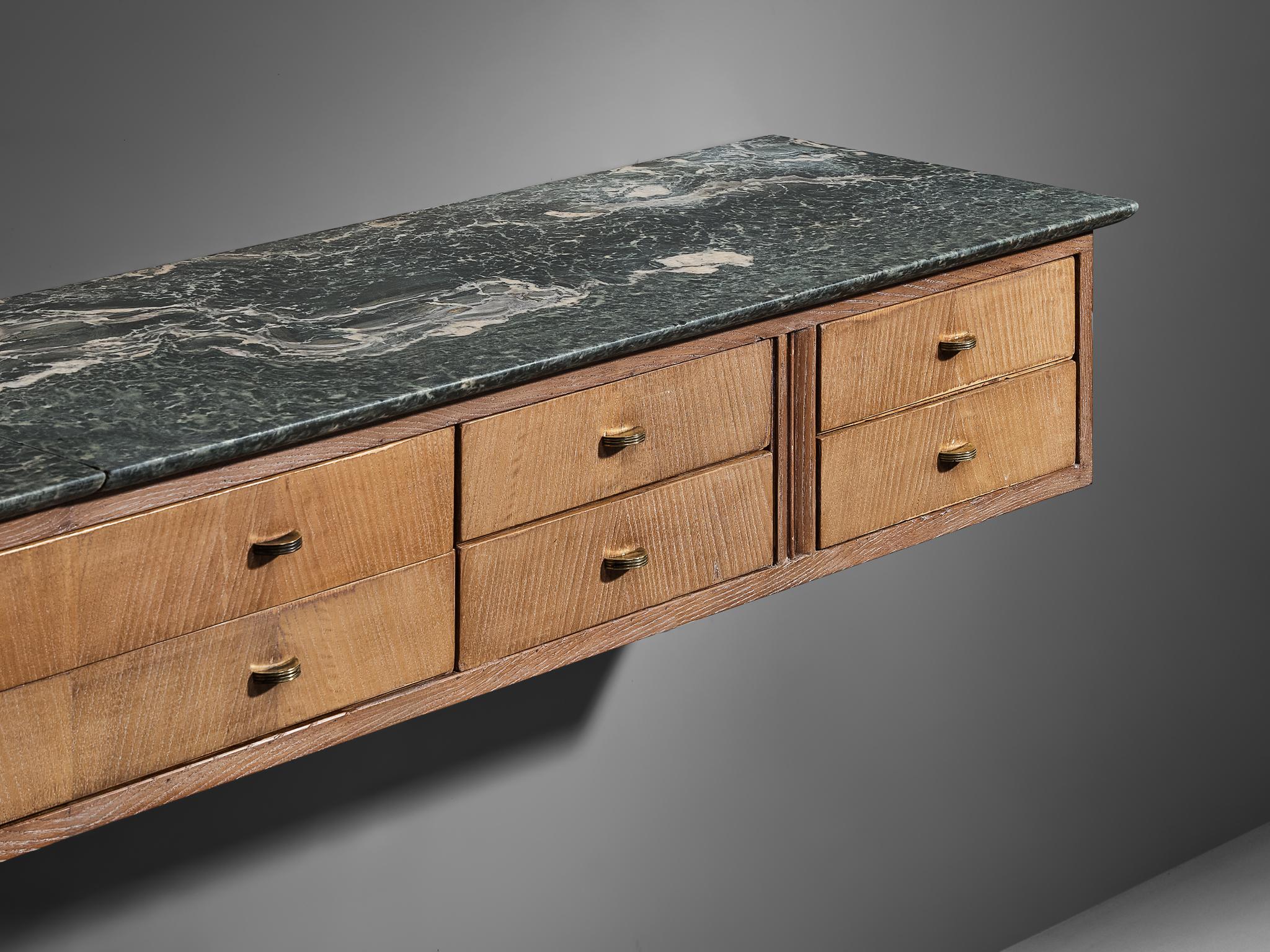 Italian Wall-Mounted Chest of Drawers in Cerused Chestnut and Green Marble