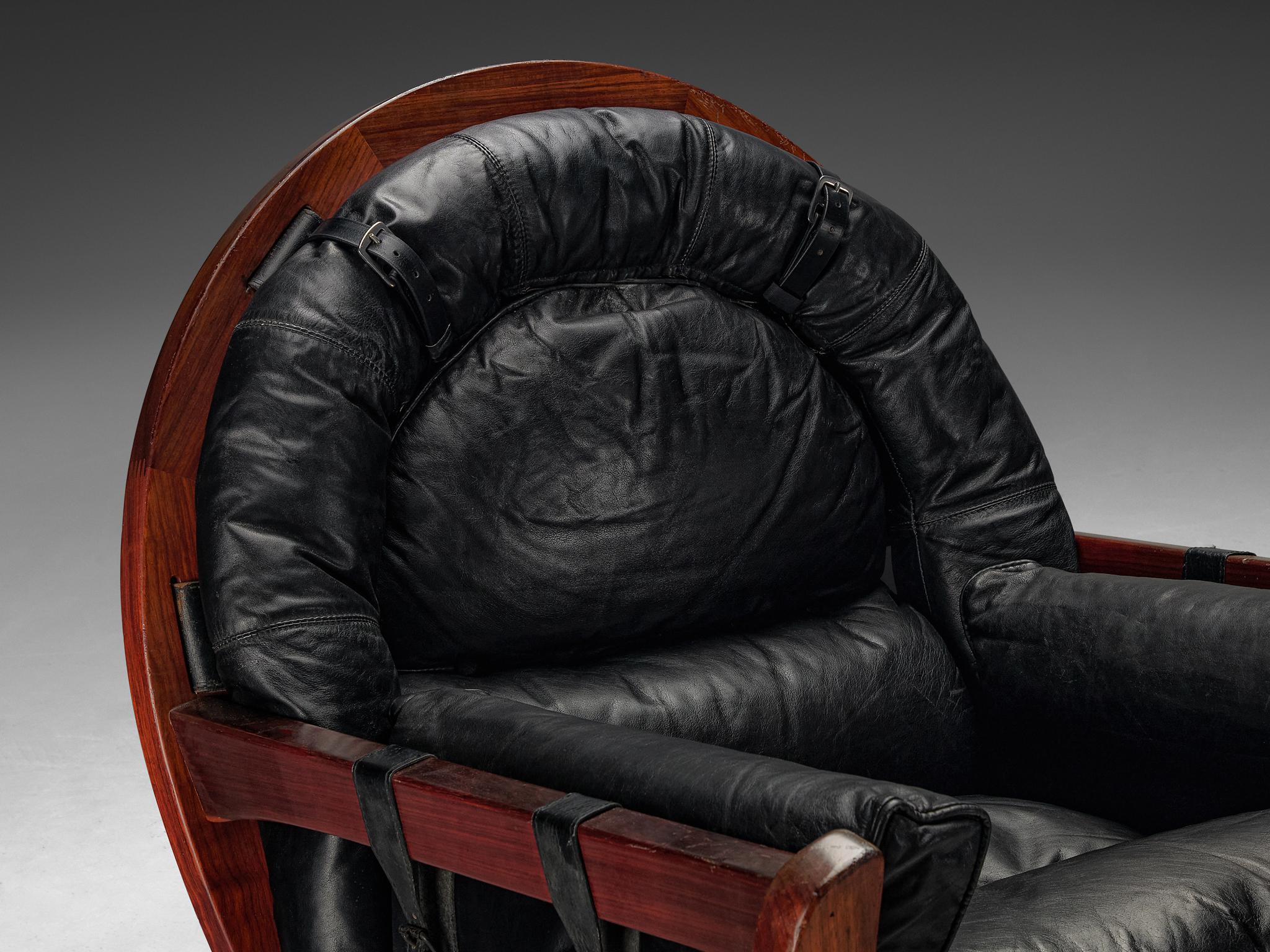Luciano Frigerio 'Rancero' Lounge Chair with Ottoman in Black Leather