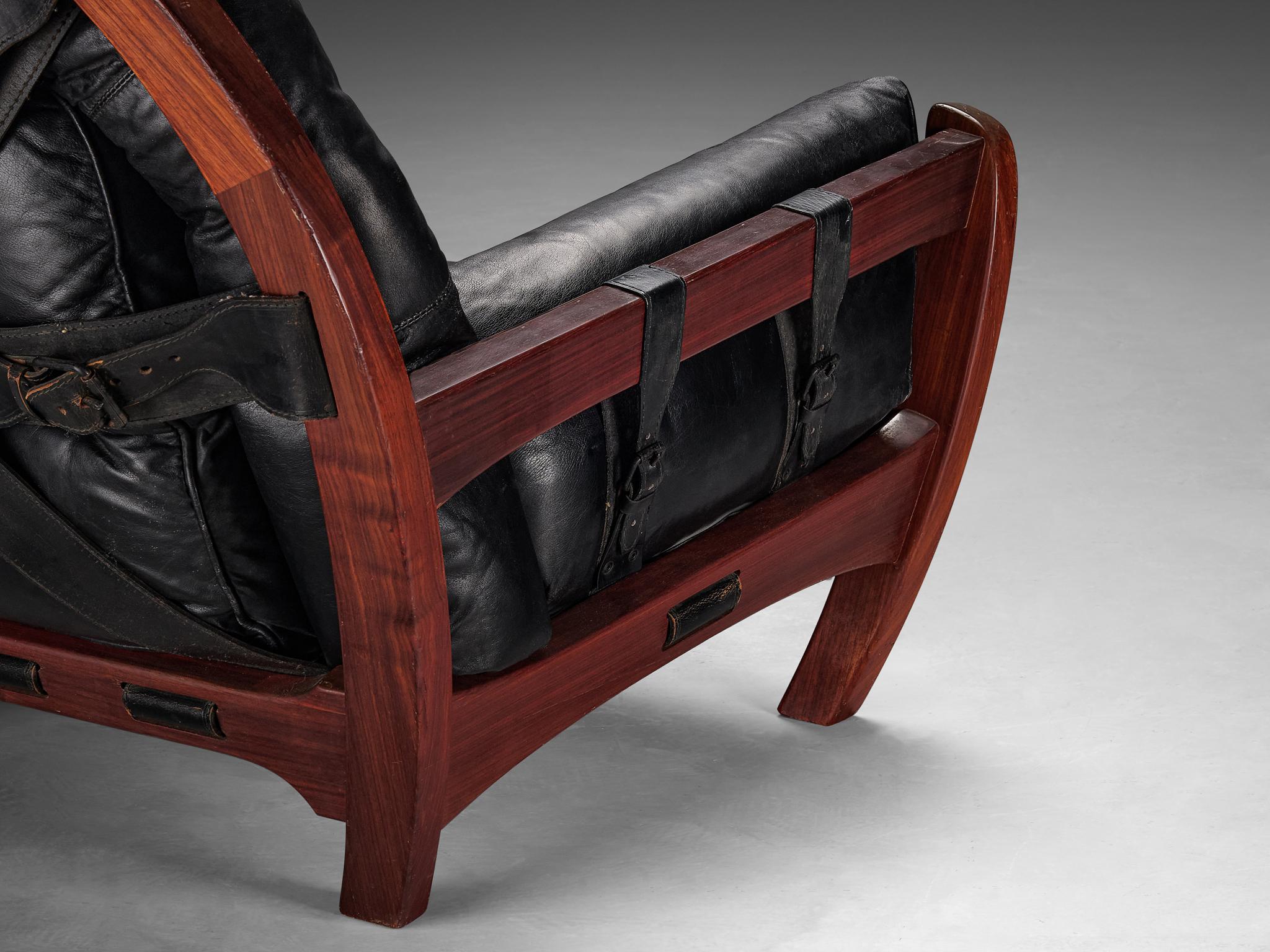 Luciano Frigerio 'Rancero' Lounge Chair with Ottoman in Black Leather