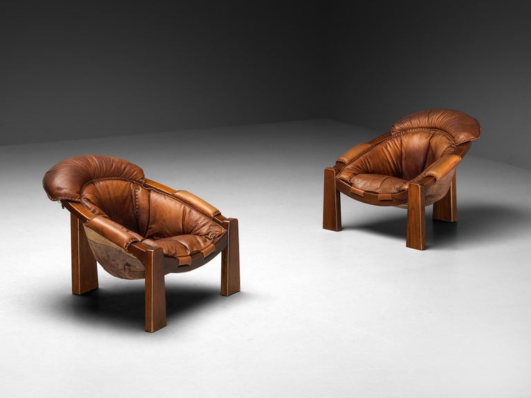 Luciano Frigerio Pair of Lounge Chairs in Leather and Mahogany