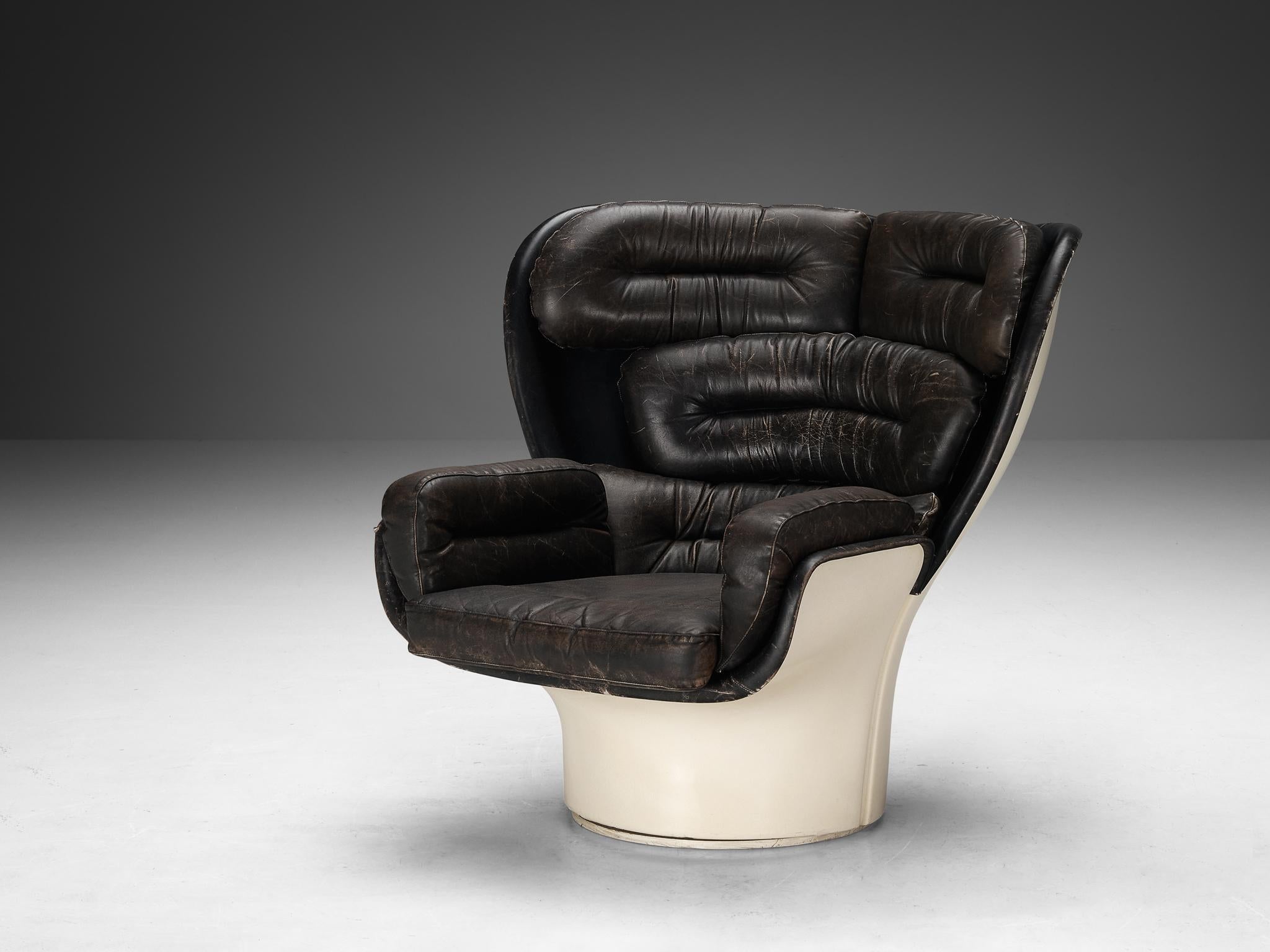 Joe Colombo for Comfort Lounge Chair 'Elda' in Brown Leather and Fiberglass