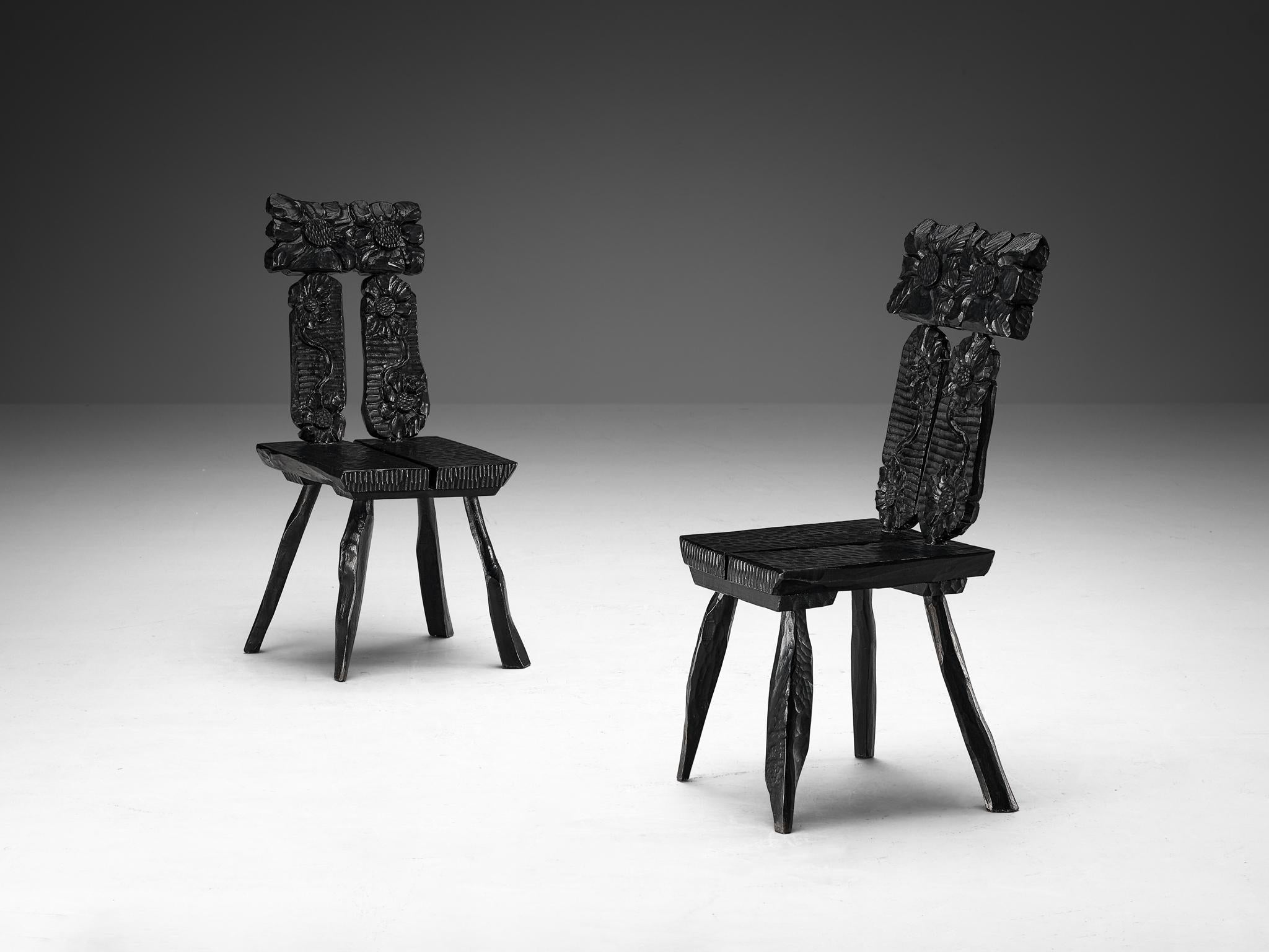 Sculptural Dining Chairs in Black Lacquered Wood with Decorative Carvings