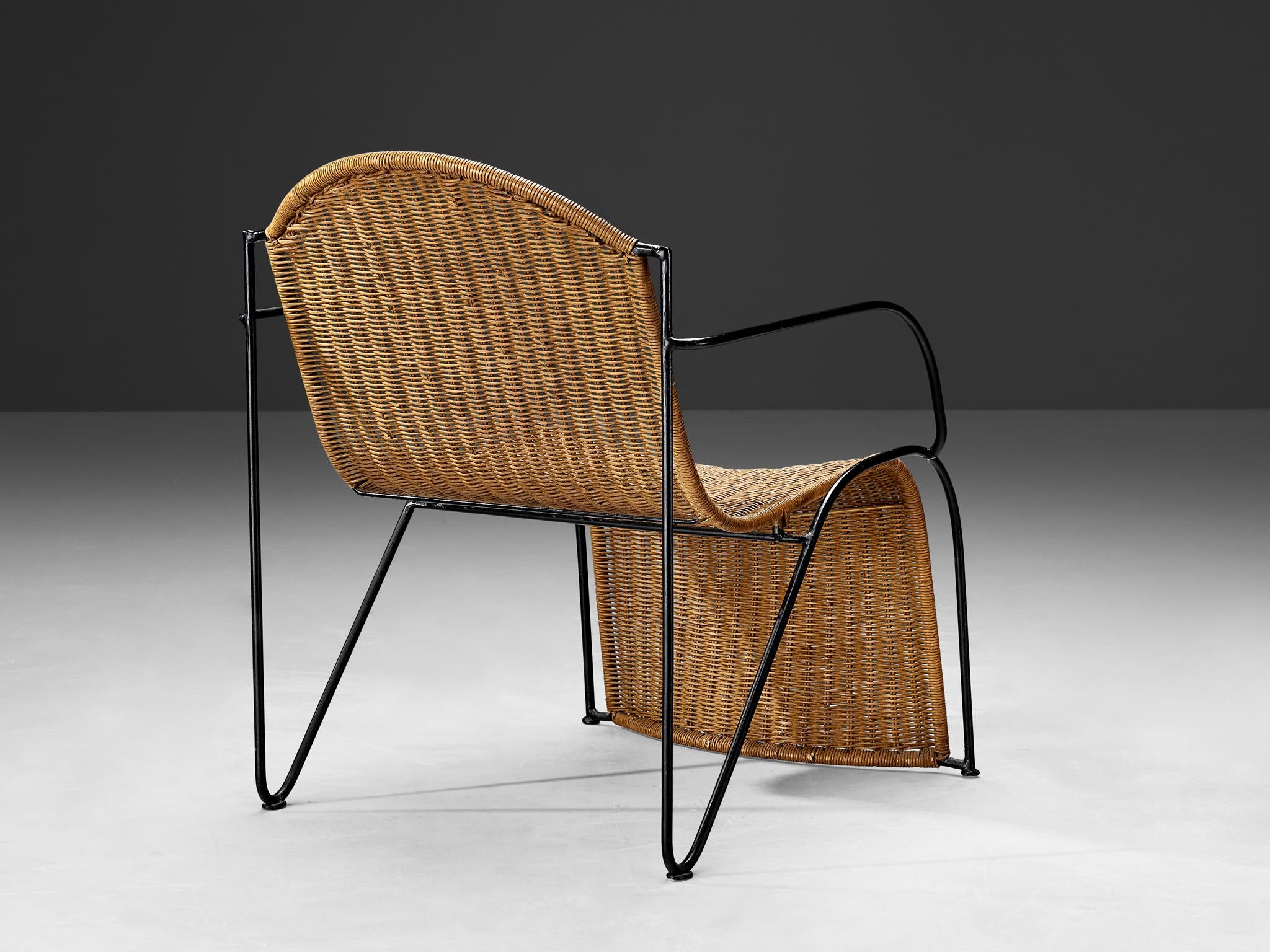 Lounge Chair in Cane and Lacquered Black Metal