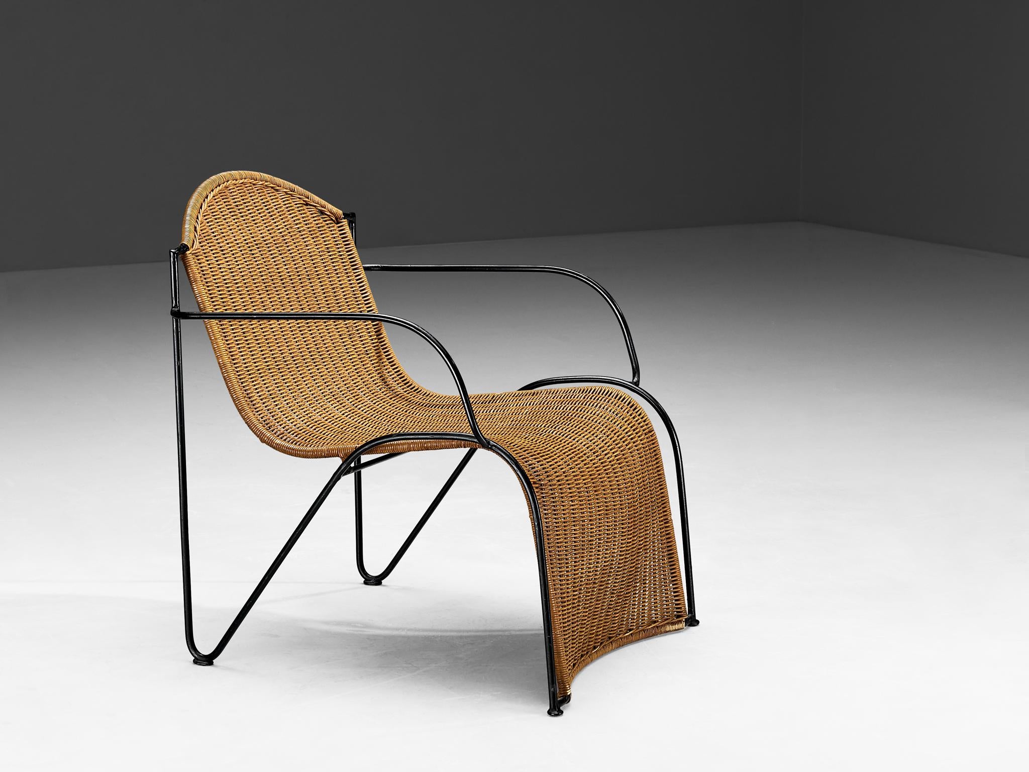 Lounge Chair in Cane and Lacquered Black Metal