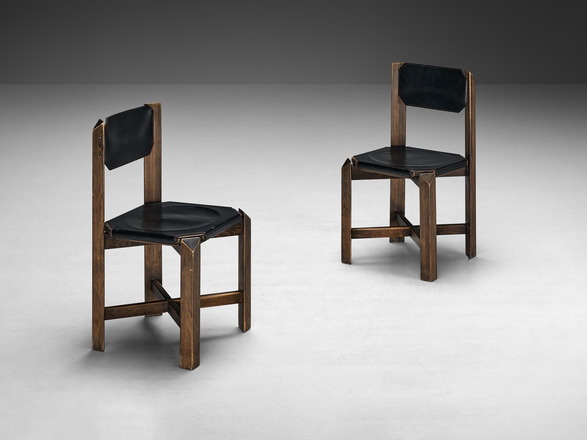 Sturdy Set of Fourteen Dining Chairs in Black Leather and Wood