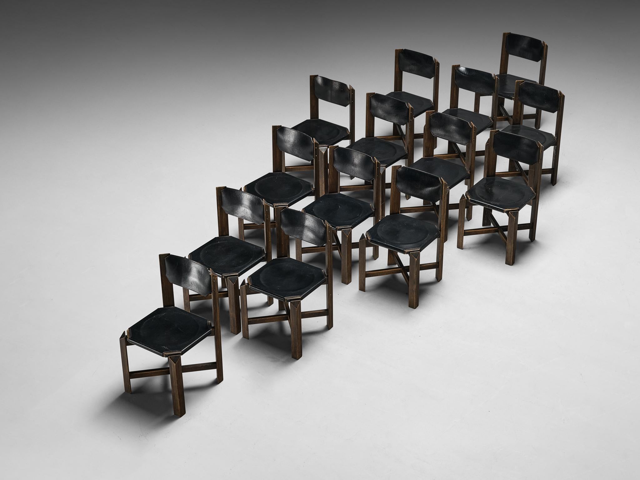 Sturdy Set of Fourteen Dining Chairs in Black Leather and Wood