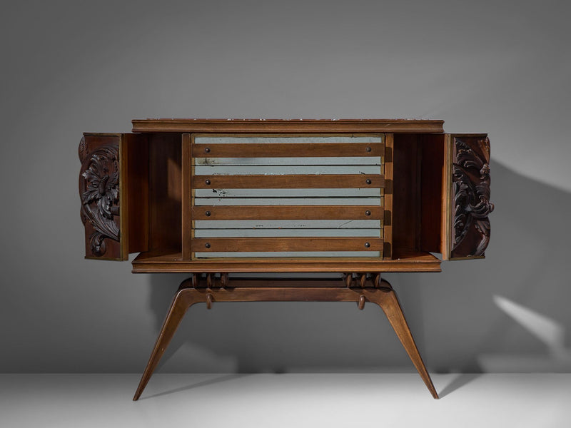 Characteristic Italian Sideboard in Walnut with Brass and Marble