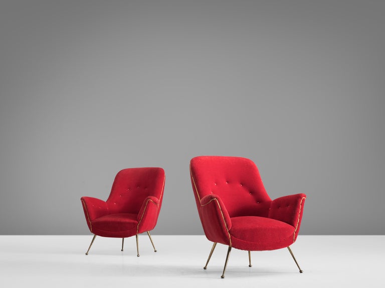 Italian Pair of Easy Chairs in Red Velvet and Brass