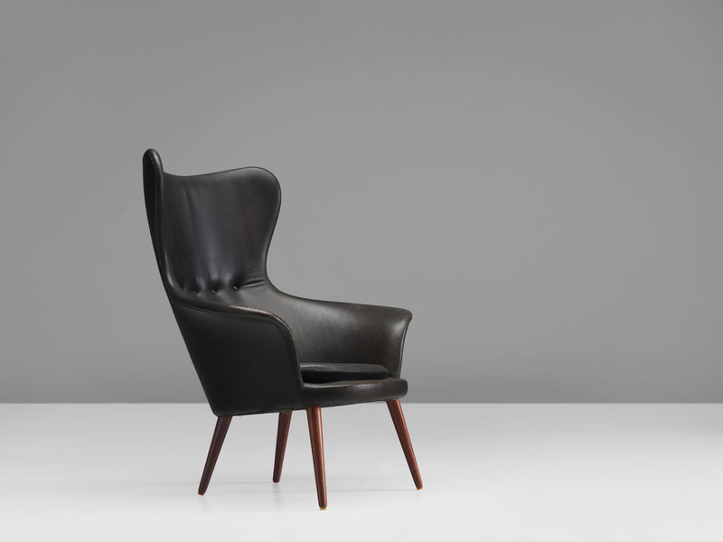 Danish High Wingback Chair in Black Leather