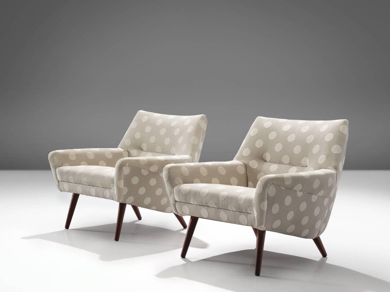 Danish Pair of Easy Chairs in Grey and White Polkadot Upholstery