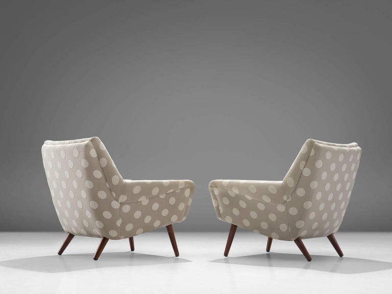 Danish Pair of Easy Chairs in Grey and White Polkadot Upholstery