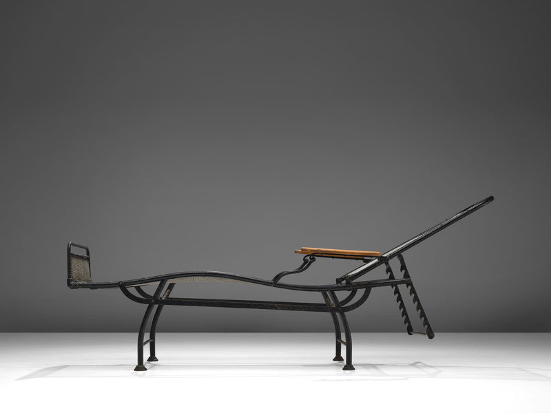 French Adjustable Chaise Longue in Black Metal and Wood