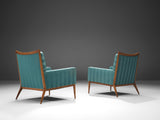 Paul McCobb Pair of Lounge Chairs in Original Turquoise Upholstery and Walnut